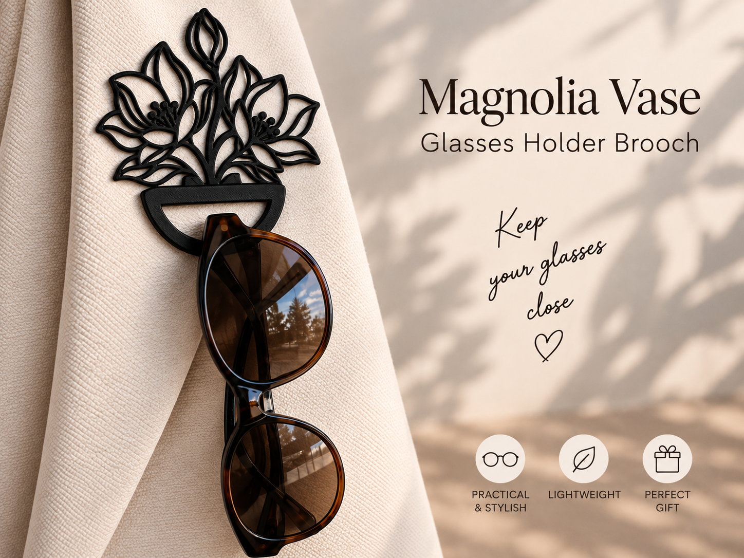 Magnolia Vase Glasses Holder Brooch 3D model