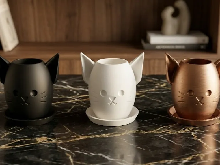 Cute Cat 3D Printed Planter Pot with Saucer