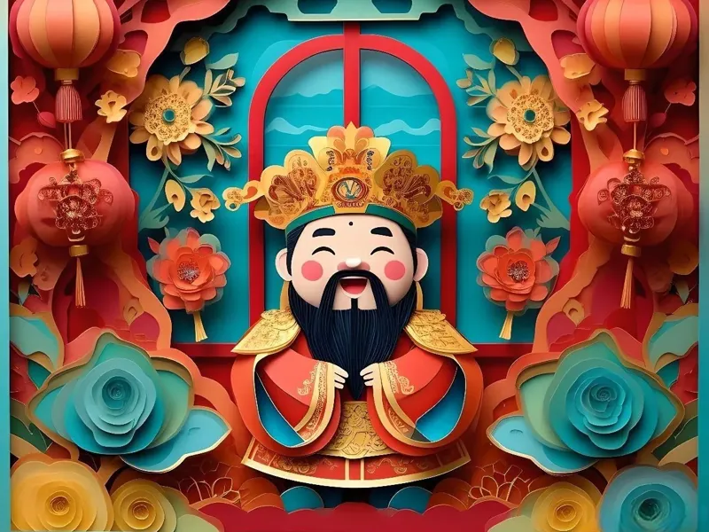 春节窗花立体剪纸浮雕画《接财神》