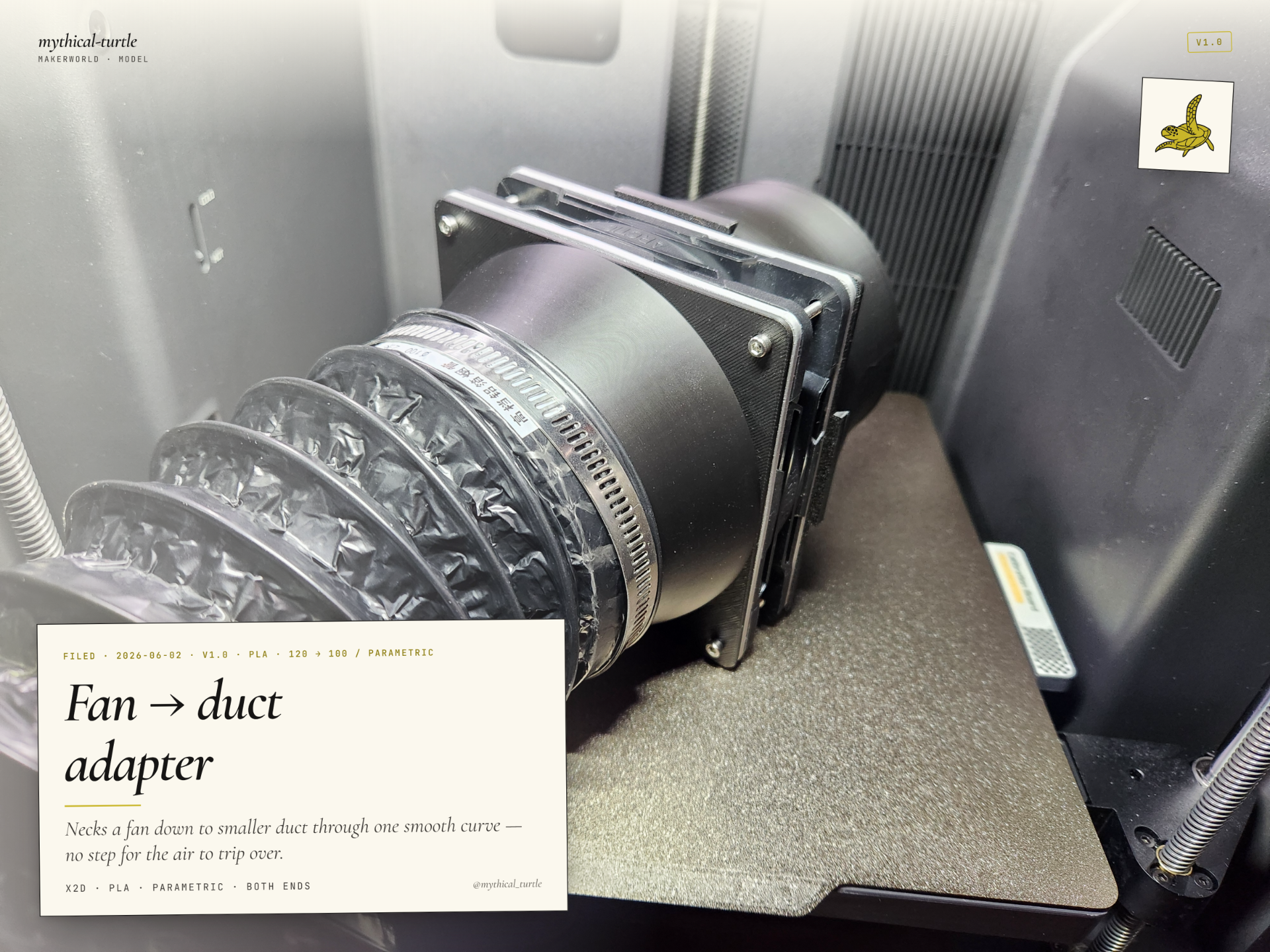 Low-turbulence fan-to-duct adapter (customizable)