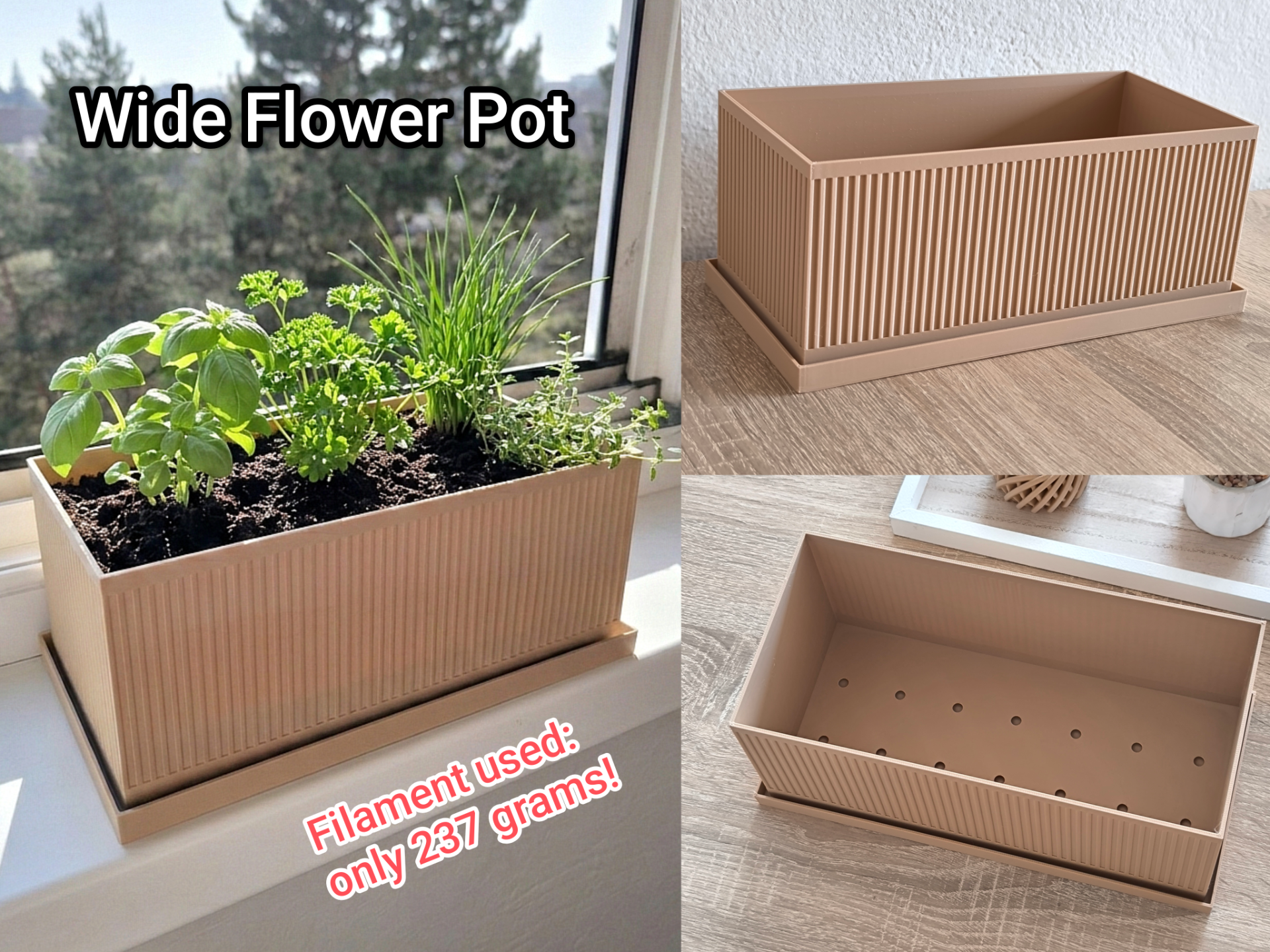 Japandi Wide Flower Pot with Drip Tray