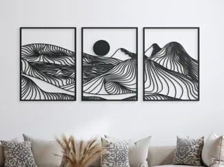 Mountains and Sun Line Art Triptych Wall Art