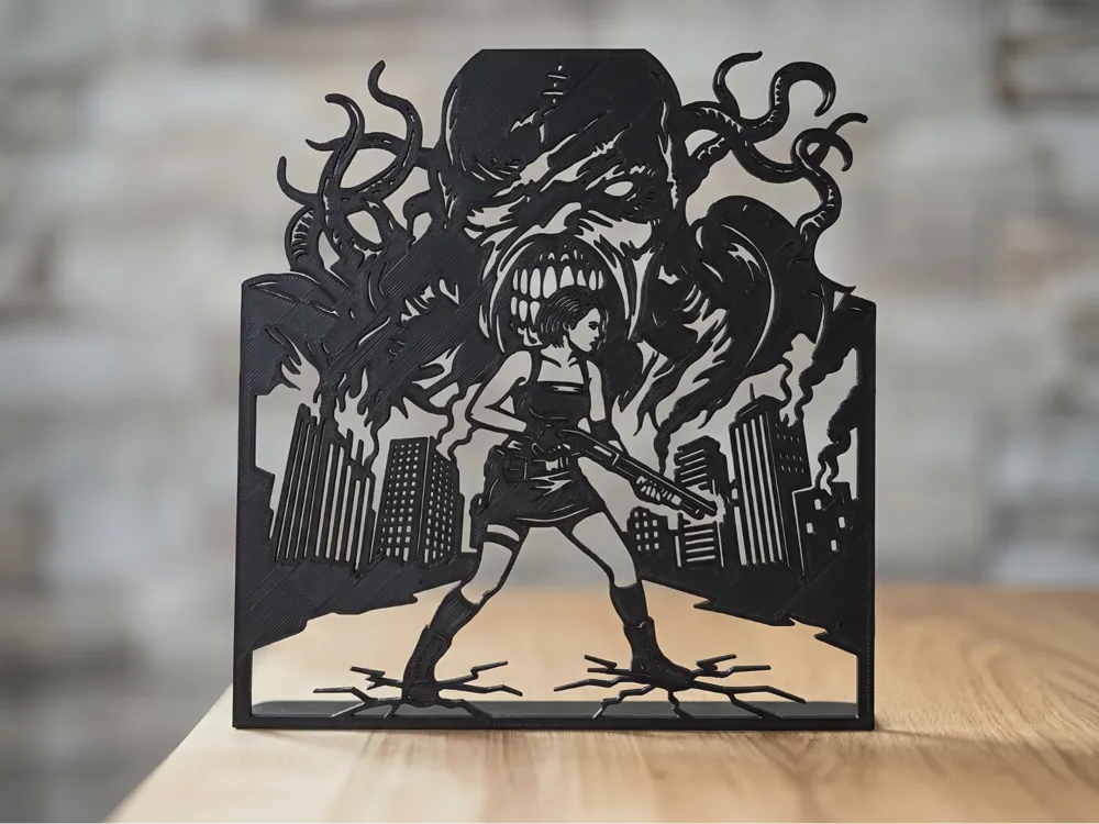 Escenografía en miniatura: Raccoon City Survivor Jill vs Nemesis silhouette. Referencia del modelo original.