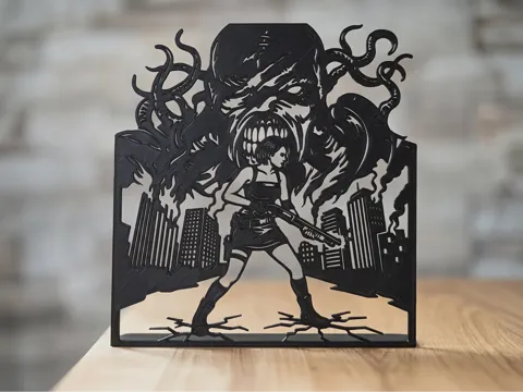 Escenografía en miniatura: Raccoon City Survivor Jill vs Nemesis silhouette — referencia de MakerWorld