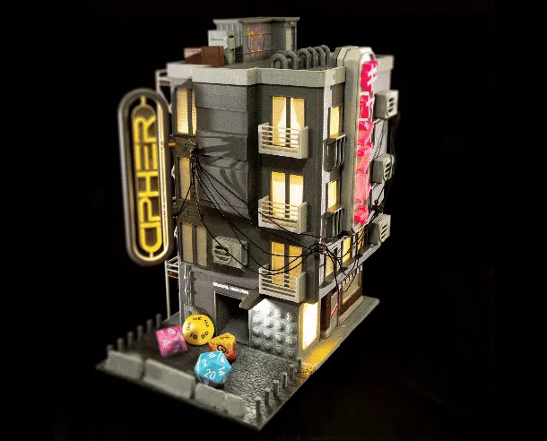 Cyberpunk Dice Tower - High Detail Lit Model view 2