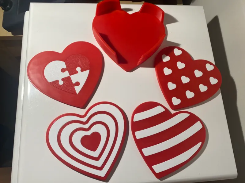 Heart Coaster Set: 4 Patterns with Fitted Holder