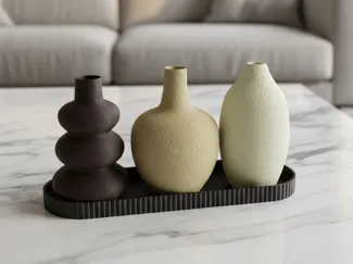 NORDÉ Collection three fuzzy skin vases and tray