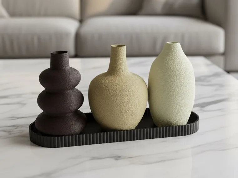 NORDÉ Collection three fuzzy skin vases and tray 