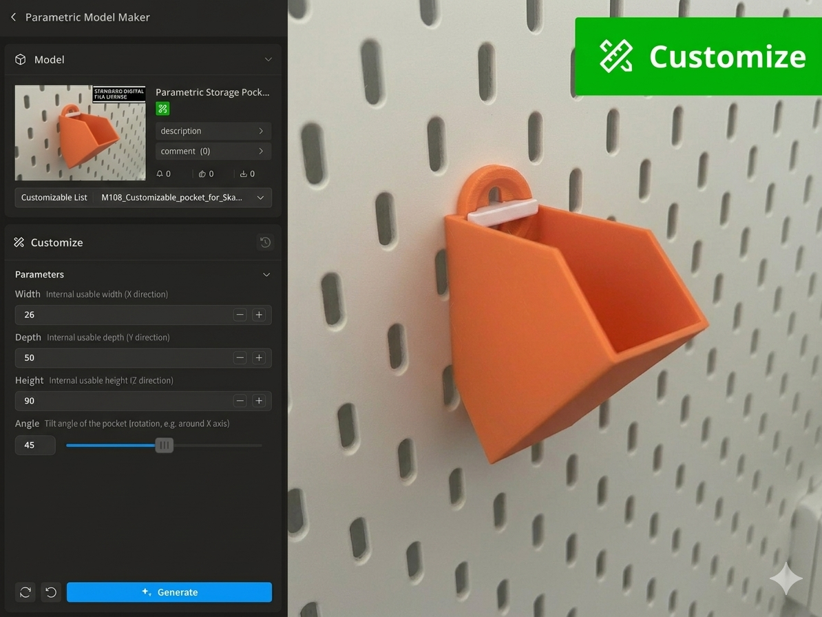 Parametric Storage Pocket for IKEA Skadis T-Clip