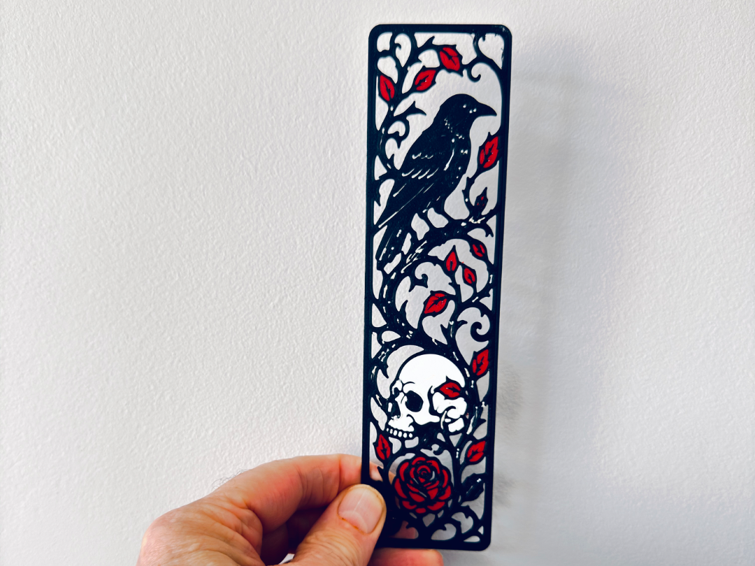 Raven, Skull and Red Rose Gothic Bookmark - 1