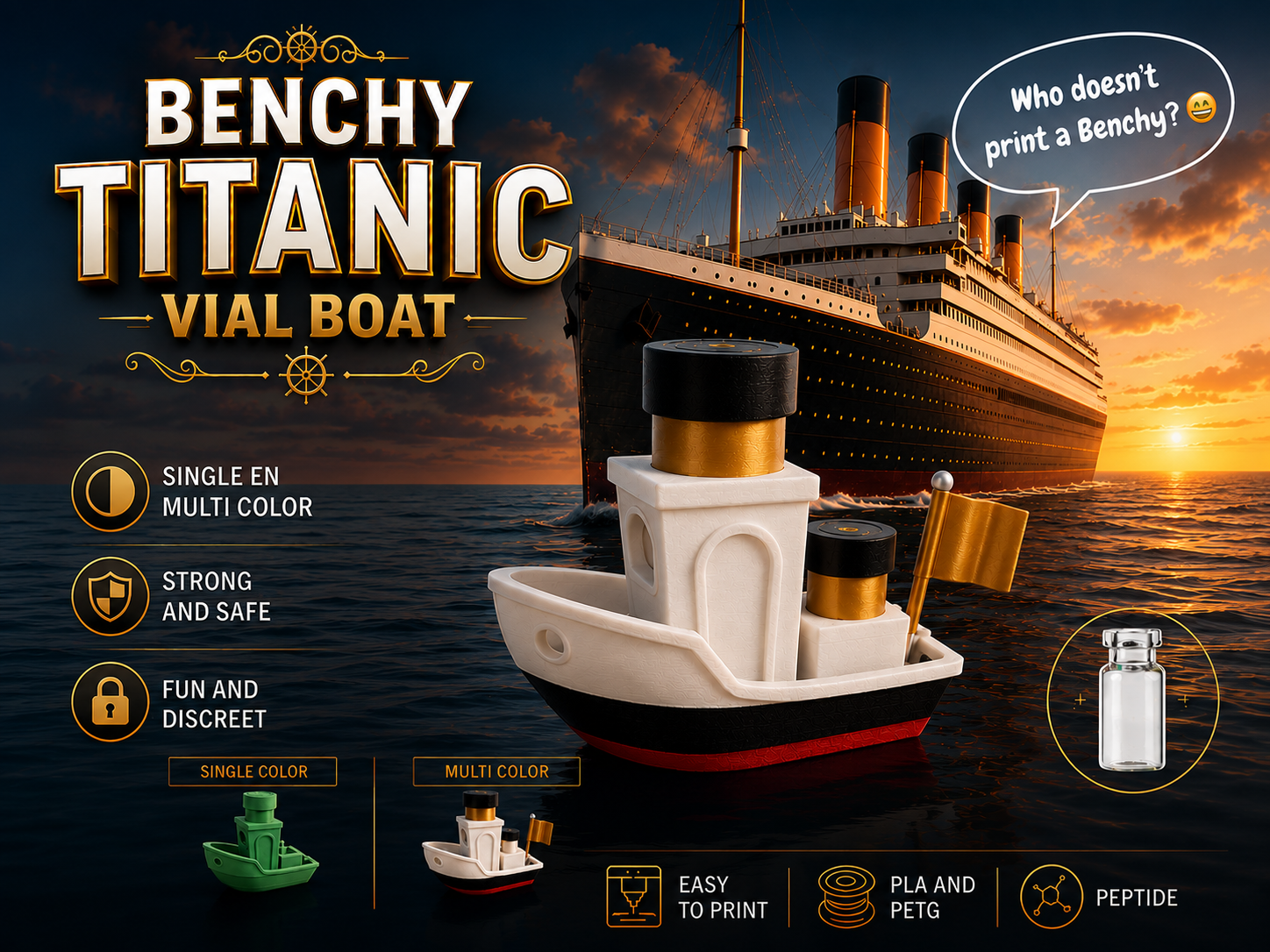 Benchy Vial Boat Titanic Style Peptide Bottles