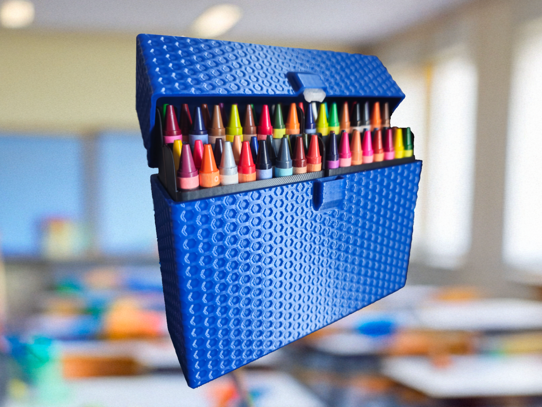 Stylish 64 crayon box with locking tab
