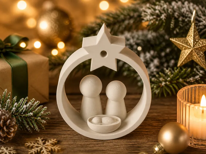 Moderne Weihnachtskrippe im Sternenbogen 