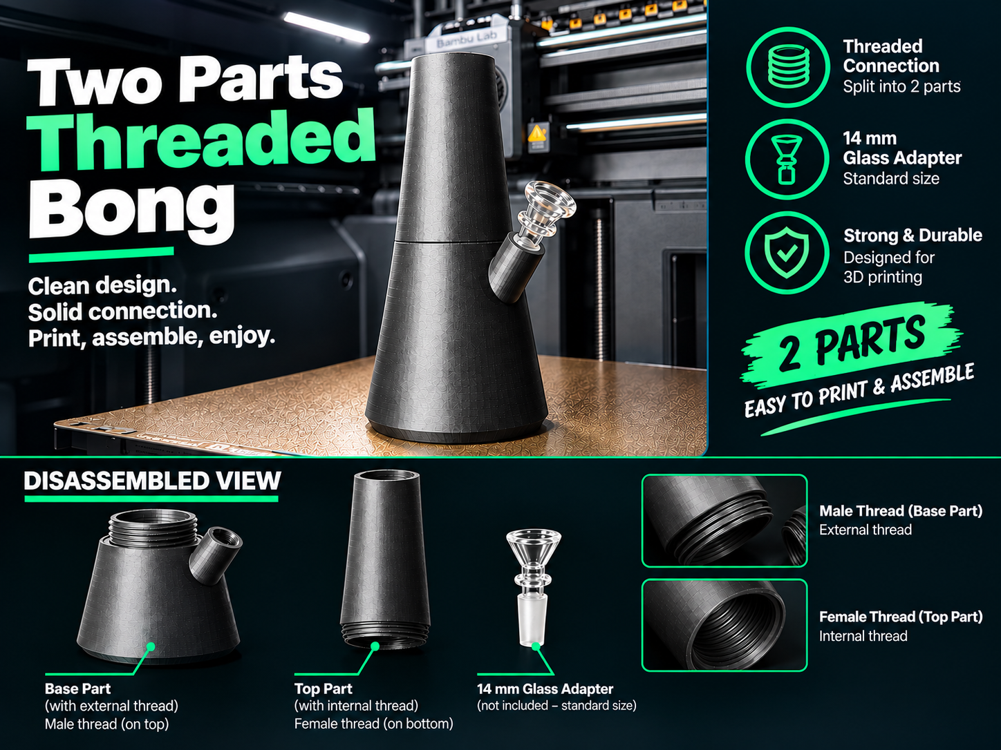 Two-Part Threaded Bong – 3D Print - 1