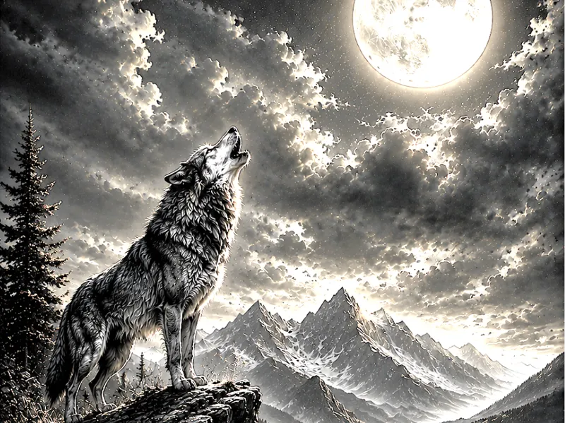 Loup Hurlant sous  la pleine lune 