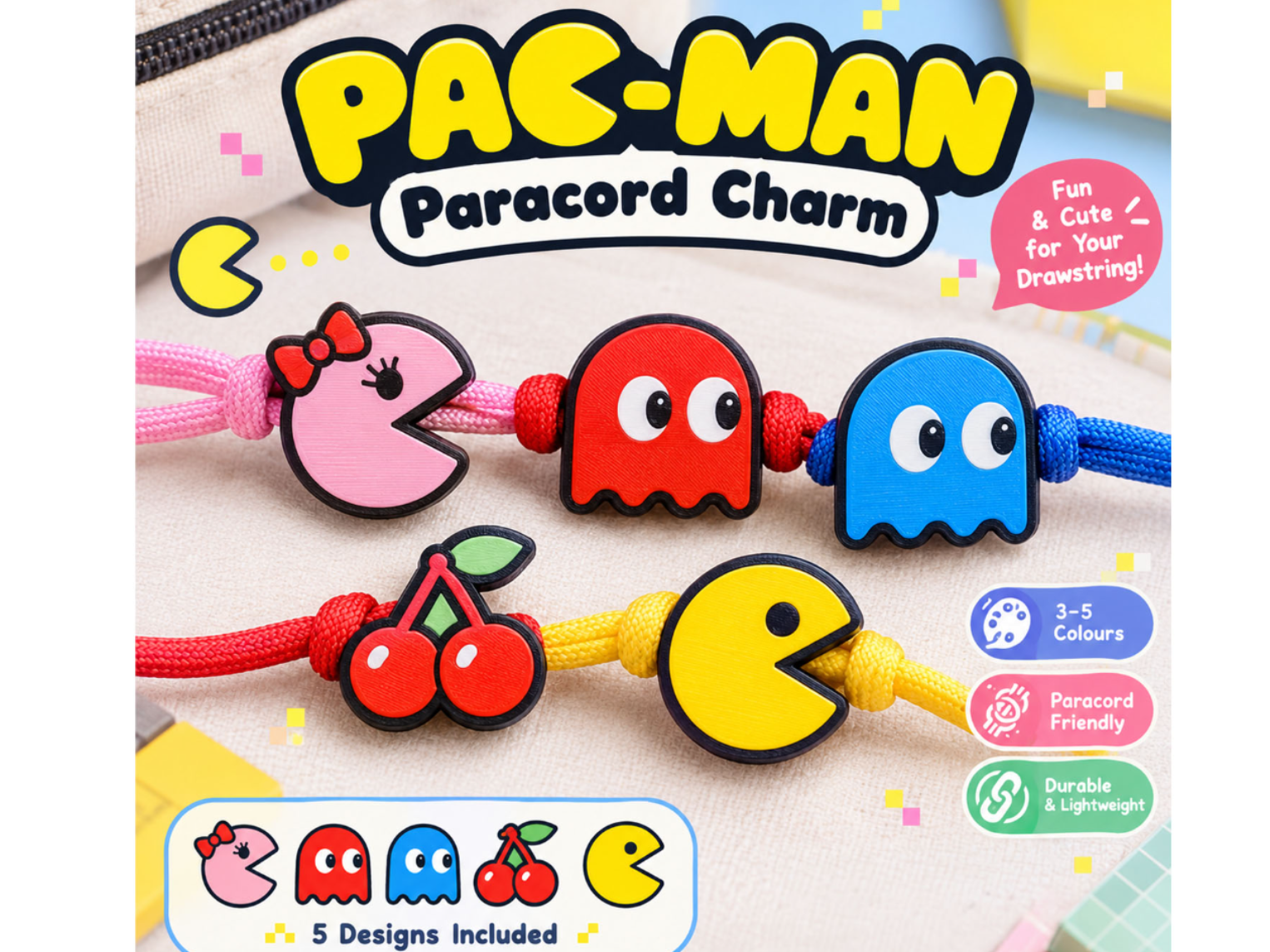 Pac-Man Paracord Charms – Adjustable Hole - 1