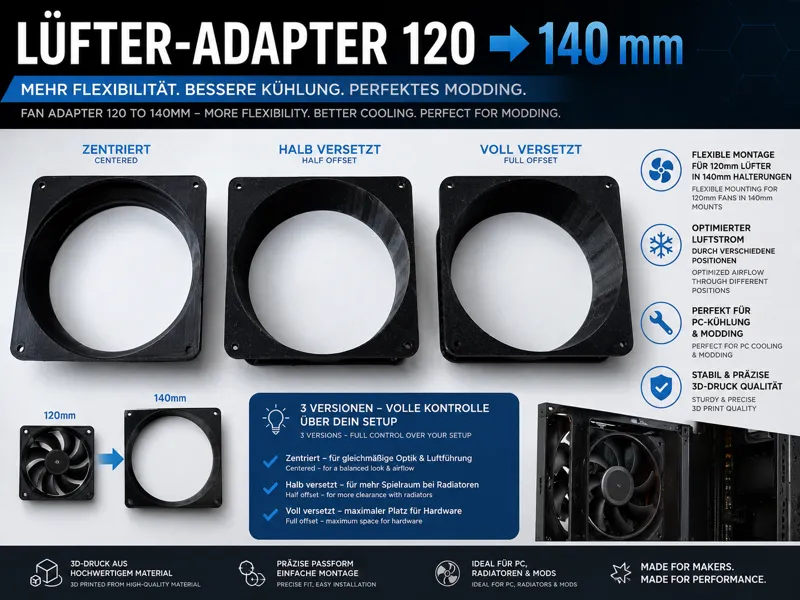 120 auf 140mm Lüfter-Adapter (zentriert& versetzt)
