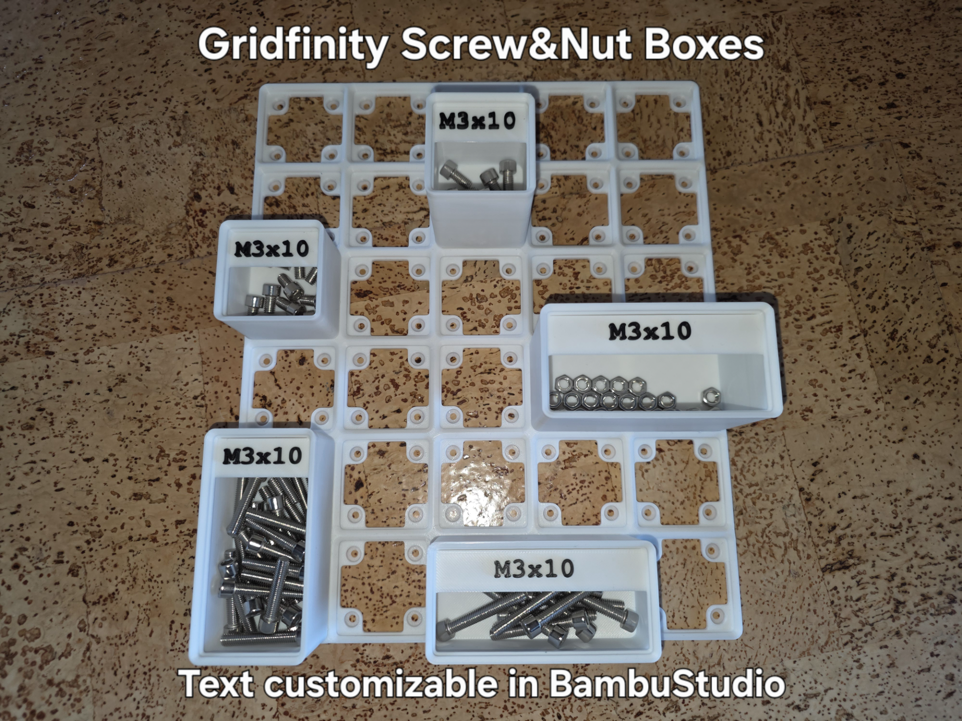 Gridfinity Screw&Nut Boxes (Text customizable)
