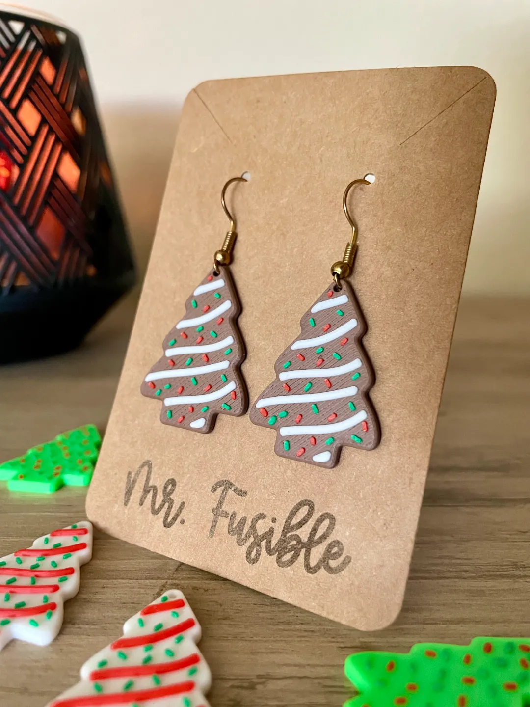 LIttle Debbie Christmas tree cake earrings view 2