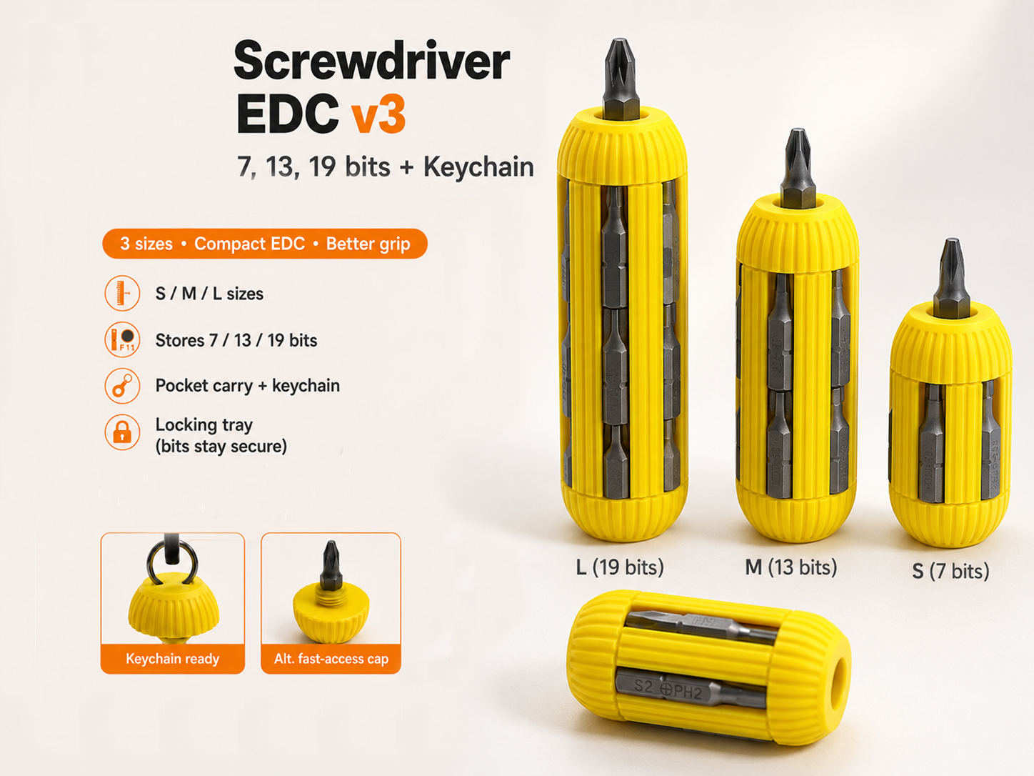 Screwdriver EDC  v3 (7, 13, 19 bits) +Keychain