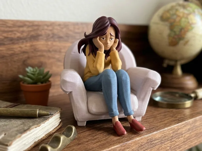 Sad Anime Girl on Armchair Desk Buddy Shelf Sitter
