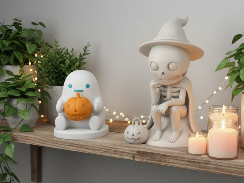 Fantasma sentado y esqueleto pensando