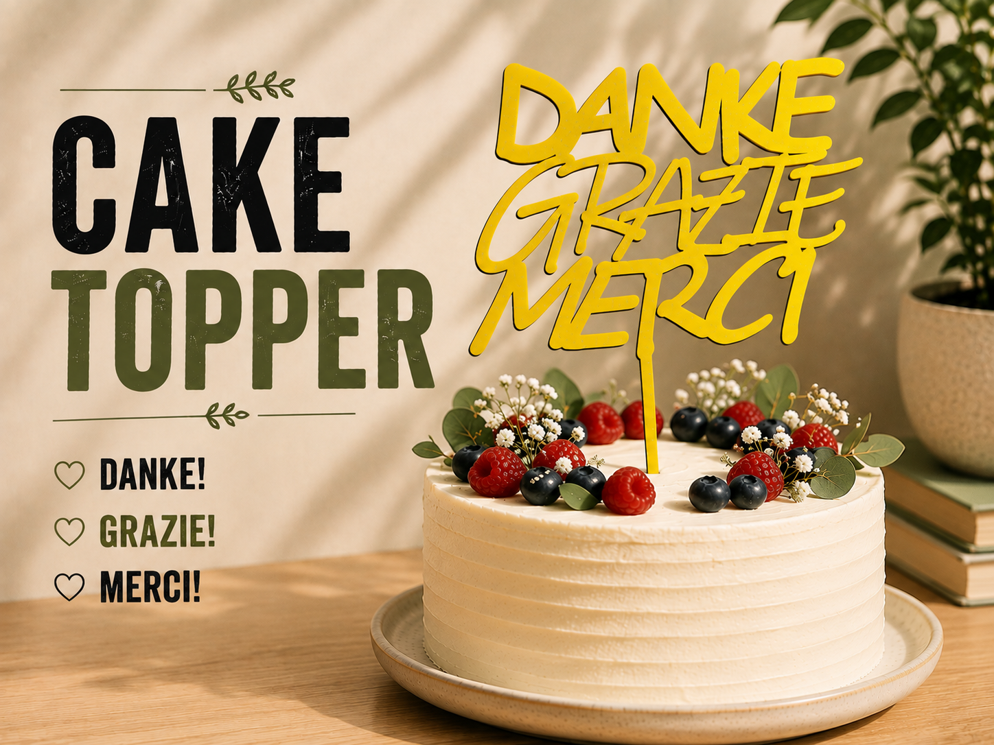 Cake-Topper Danke Grazie Merci