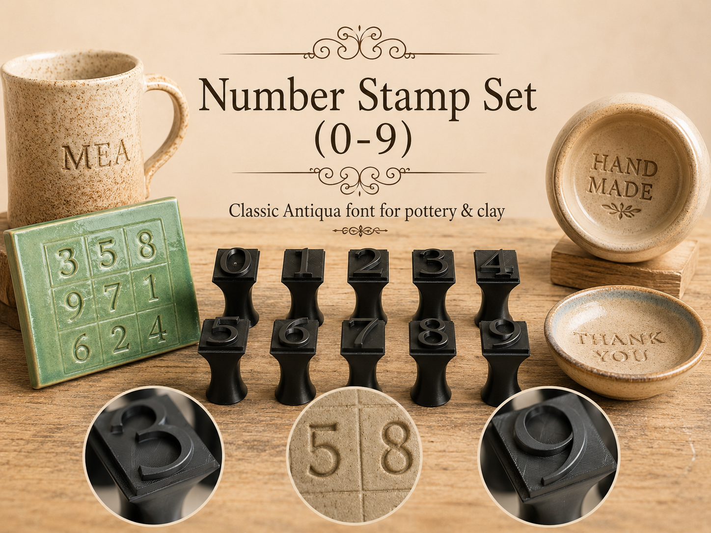 Classic Antiqua Pottery Number Stamp Set (0-9)