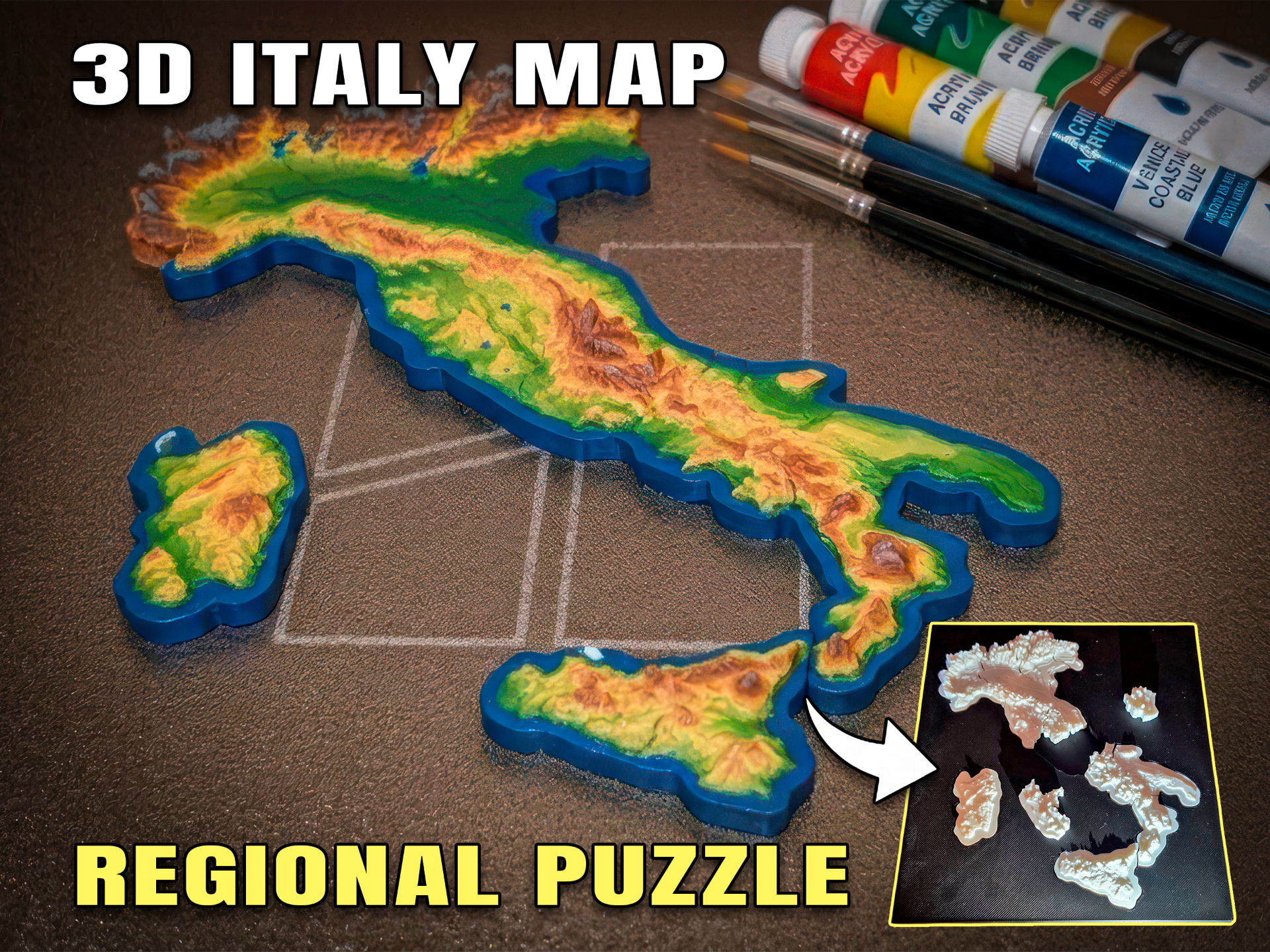 3D Italy Topographic Map Puzzle (Snap-In)