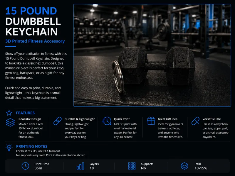 15 Pound Dumbbell keychain.