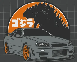 Nissan GT-R R34 with Godzilla Silhouette Keychain