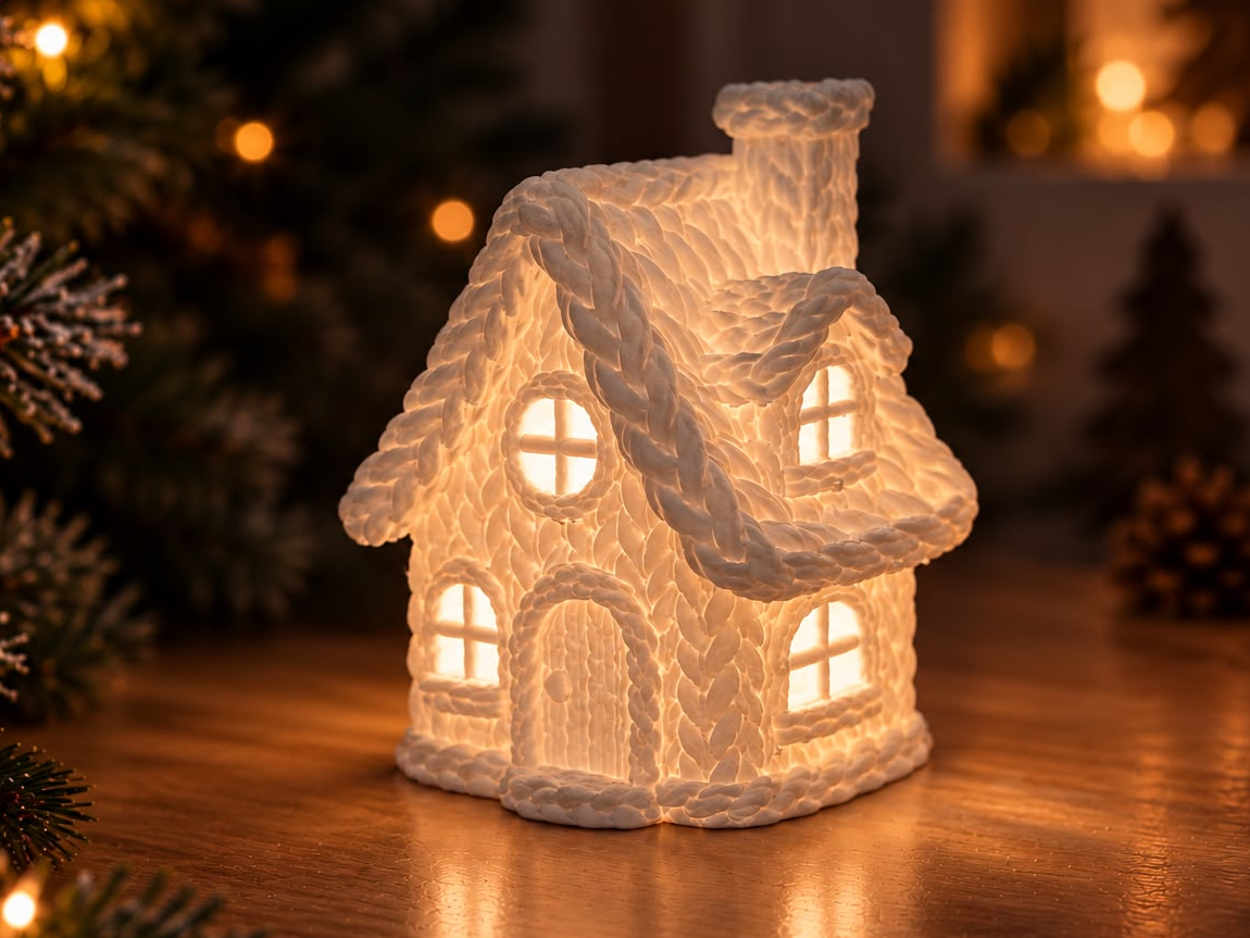 Farol Casita Navideña con Efecto Tejido: Magia Acogedora para tu Decoración