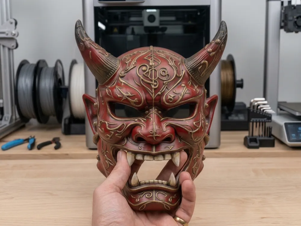 Pieza para disfraz o exhibición: Ornate Oni Mask – Decorative Wearable Wall Mask. Referencia del modelo original.