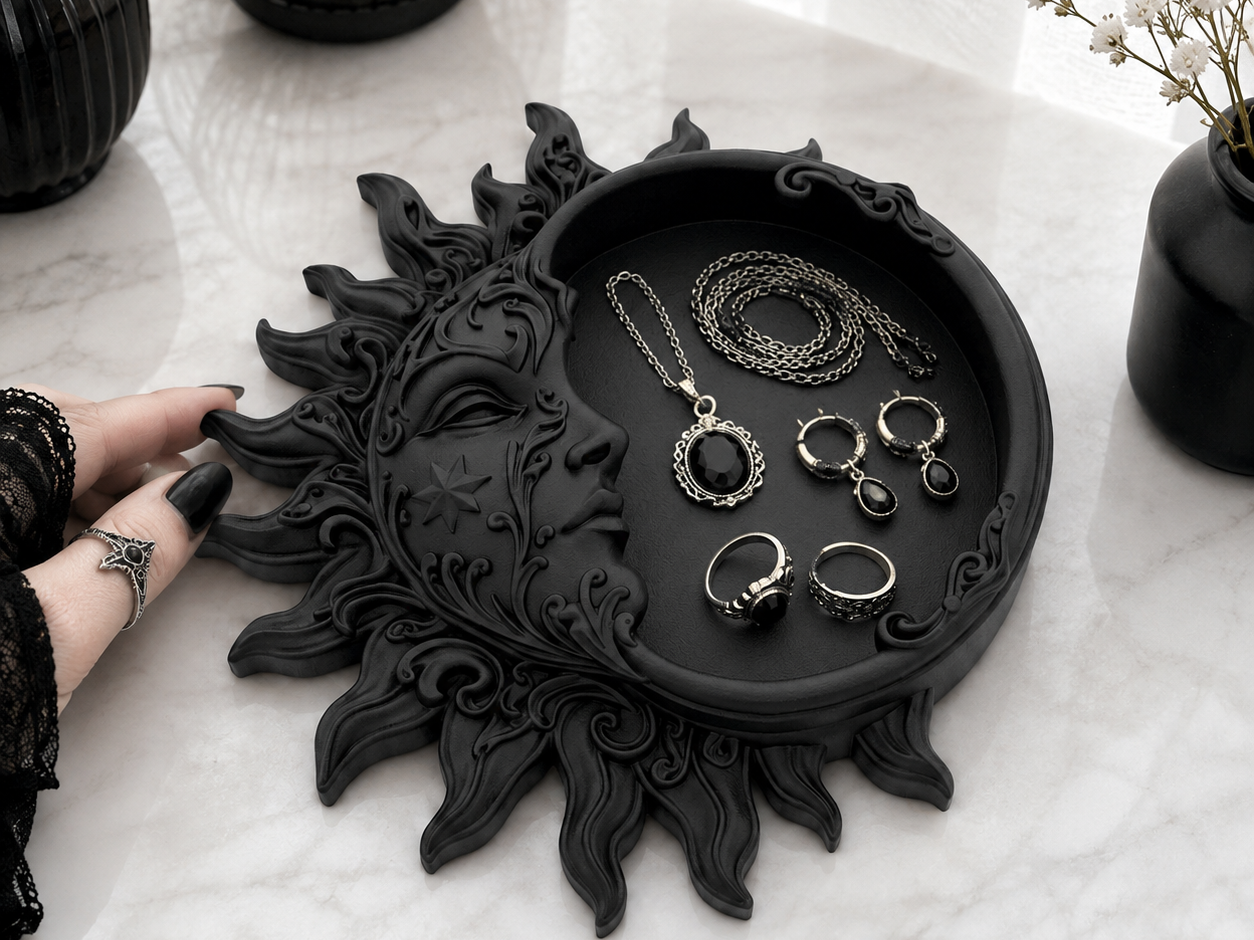 Goth Celestial Sun Face Jewelry Organizer Tray - 1