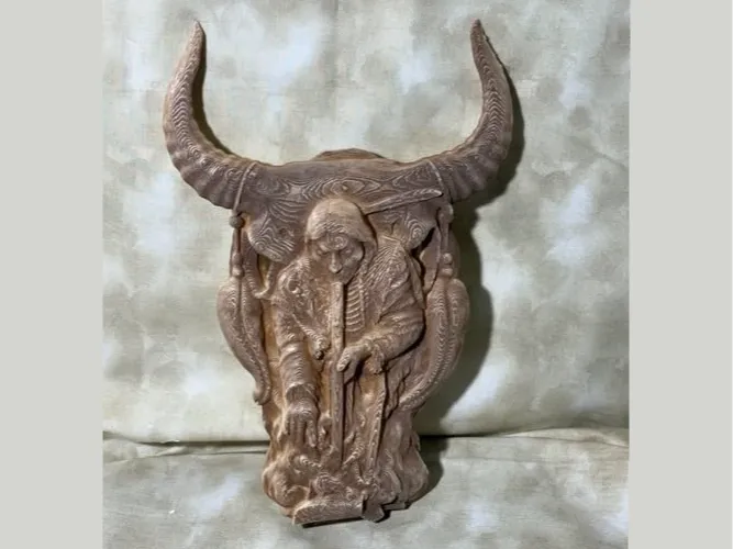 Native American Indian Chief w/ Bull skull & Pipe