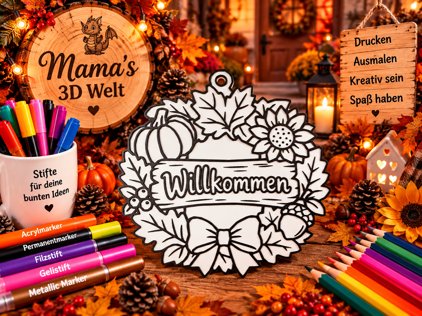 Willkommen-Herbstkranz – 3D-Ausmalbild 3D model