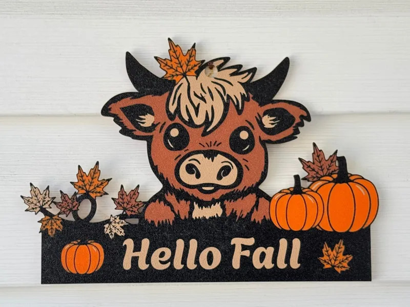 Hello Fall Highland cow Door or Wall Art.