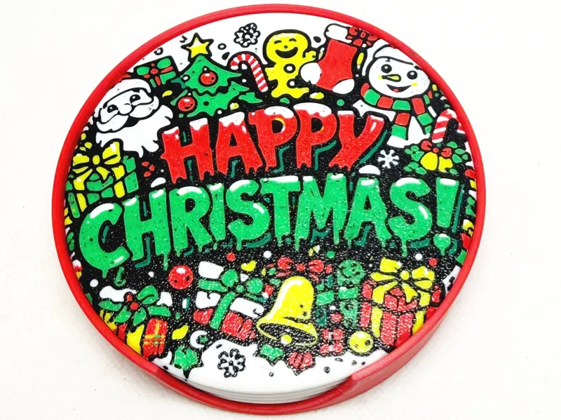 6Colour Happy Christmas Coasters and holder.
