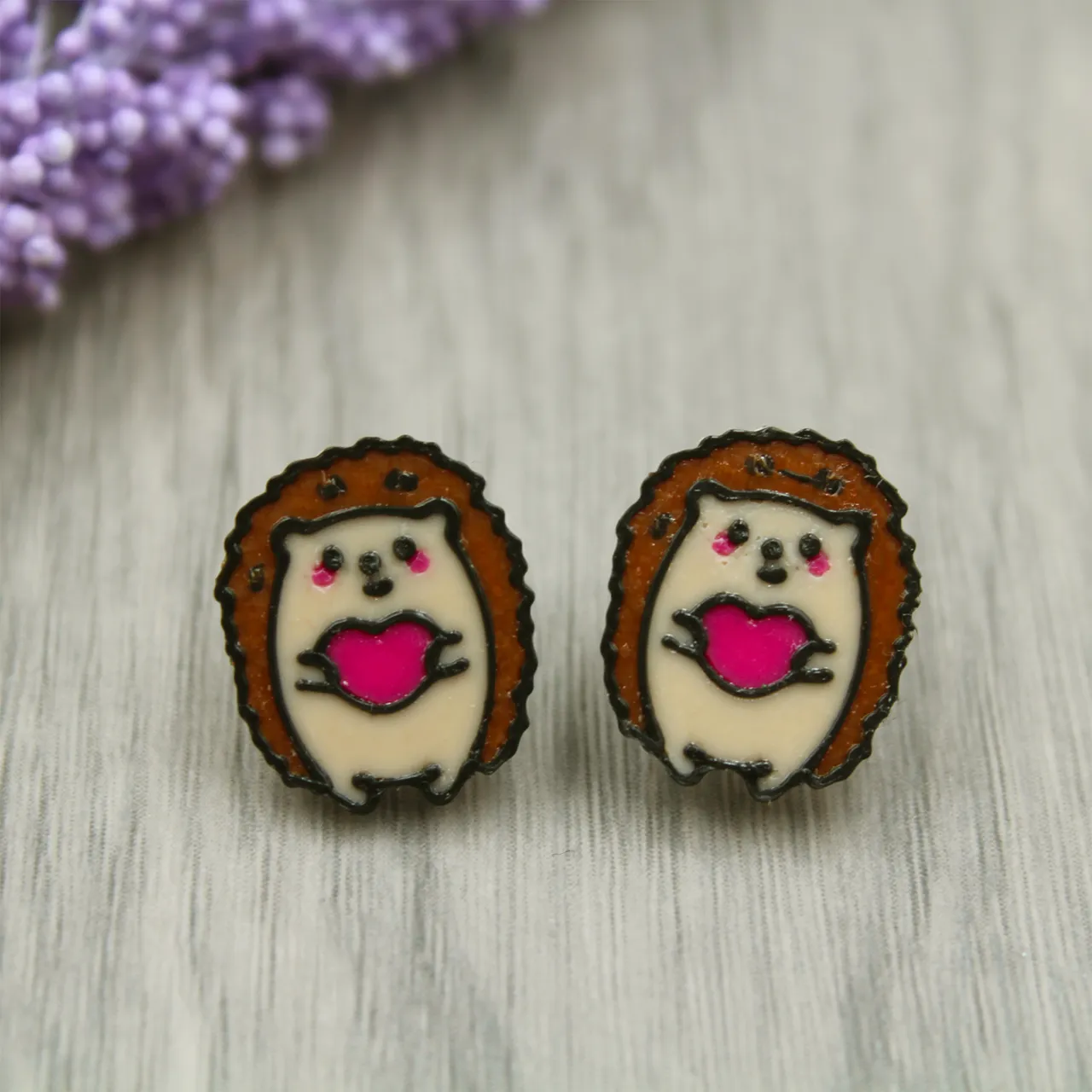 Cute Hedgehog Holding a Heart Earrings view 2