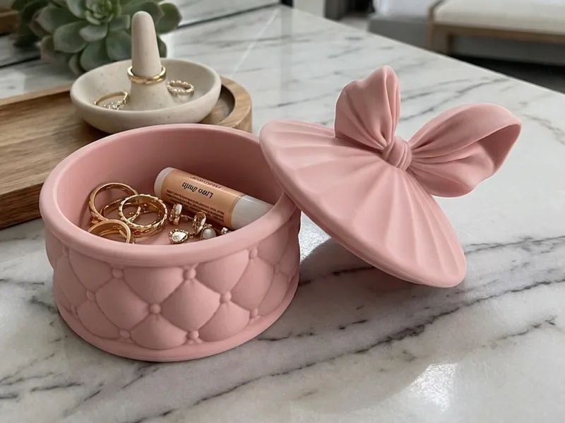 Detailed Bow Trinket Box & Jewelry Case Quilted
