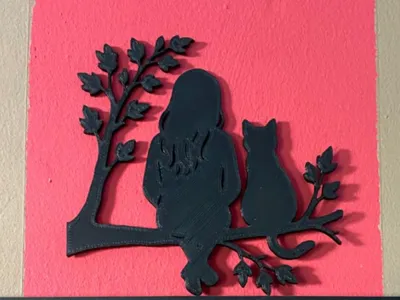 Girl Women with cat on tree silhouette 