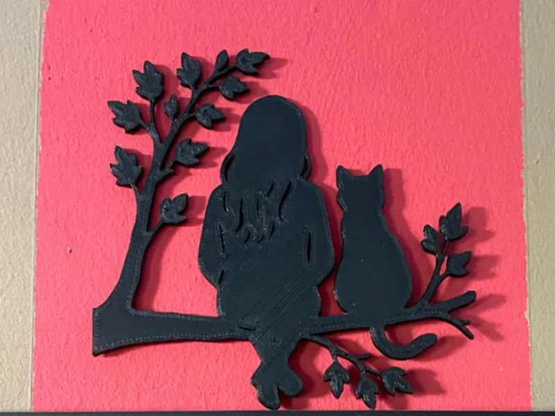 Girl Women with cat on tree silhouette 