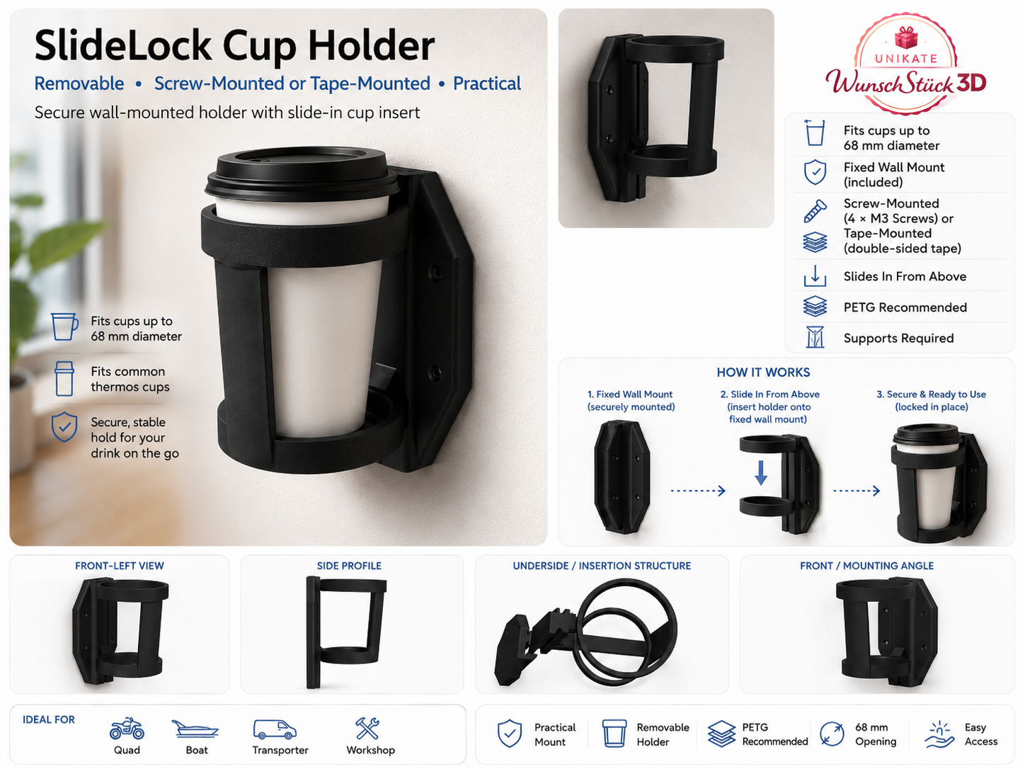 SlideLock Cup Holder Wall Mount Travel Mug Holder