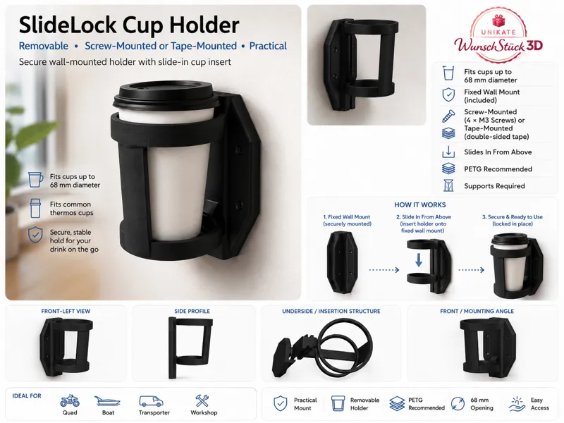 SlideLock Cup Holder Wall Mount Travel Mug Holder