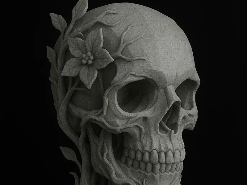 Skull With Vines & Flowers – Artistic 3D Sculpture