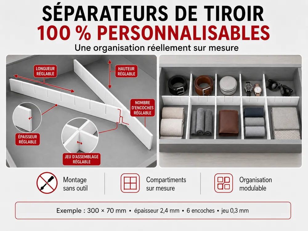 Soporte: Séparateurs de tiroir paramétriques sur-mesure. Referencia del modelo original.