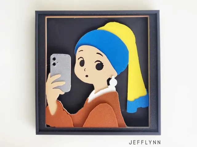 Girl w/ a Pearl Earring taking Selfie - Shadow Box