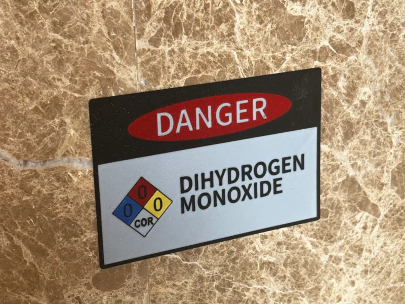 Dihydrogen Monoxide warning sign with NFPA