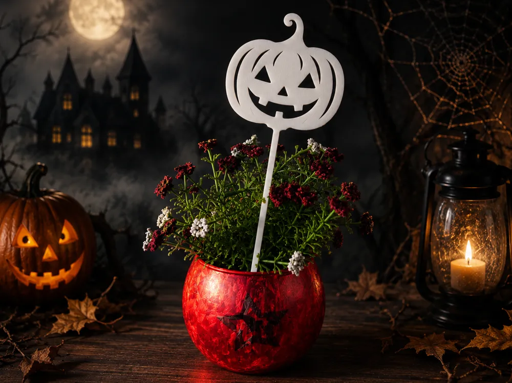 Adorno temático: Floral halloween pumpkin with plant stake. Referencia del modelo original.