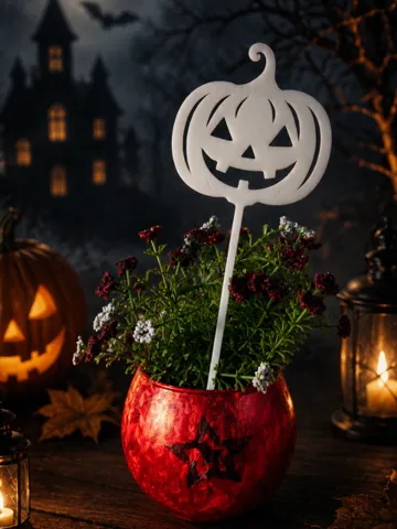 Adorno temático: Floral halloween pumpkin with plant stake — vista de referencia 2